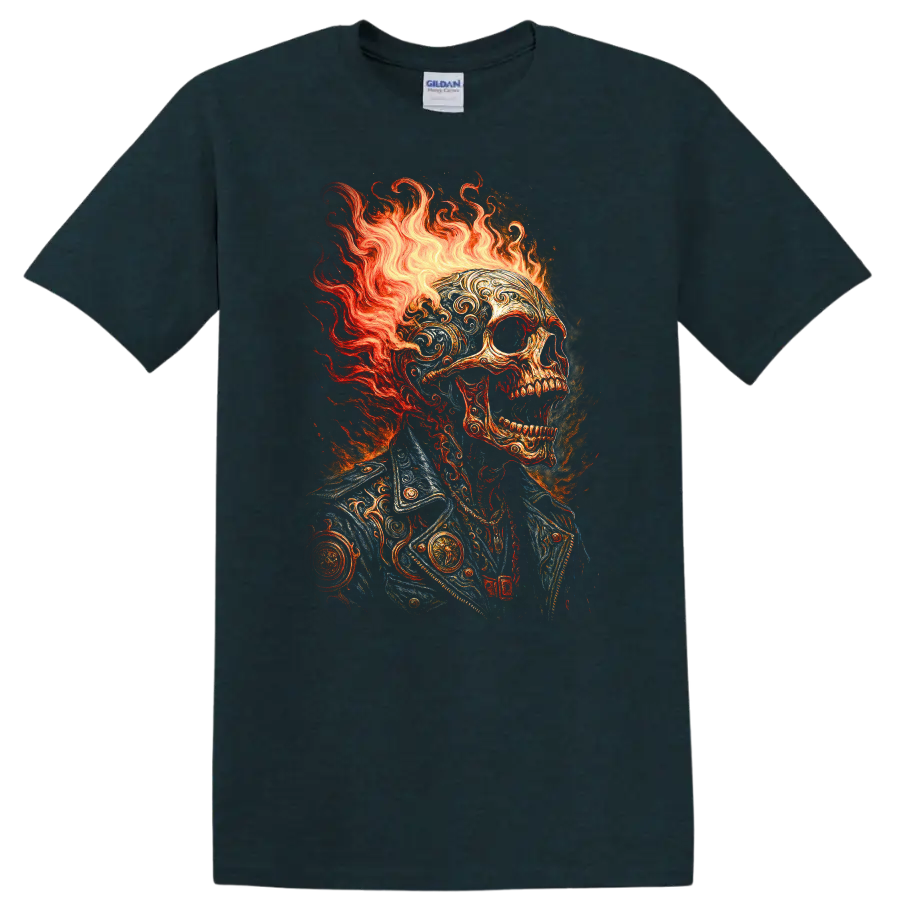 Flaming skull in ornate vintage jacket with gothic fire illustration on a Midnight (Green) T Shirt