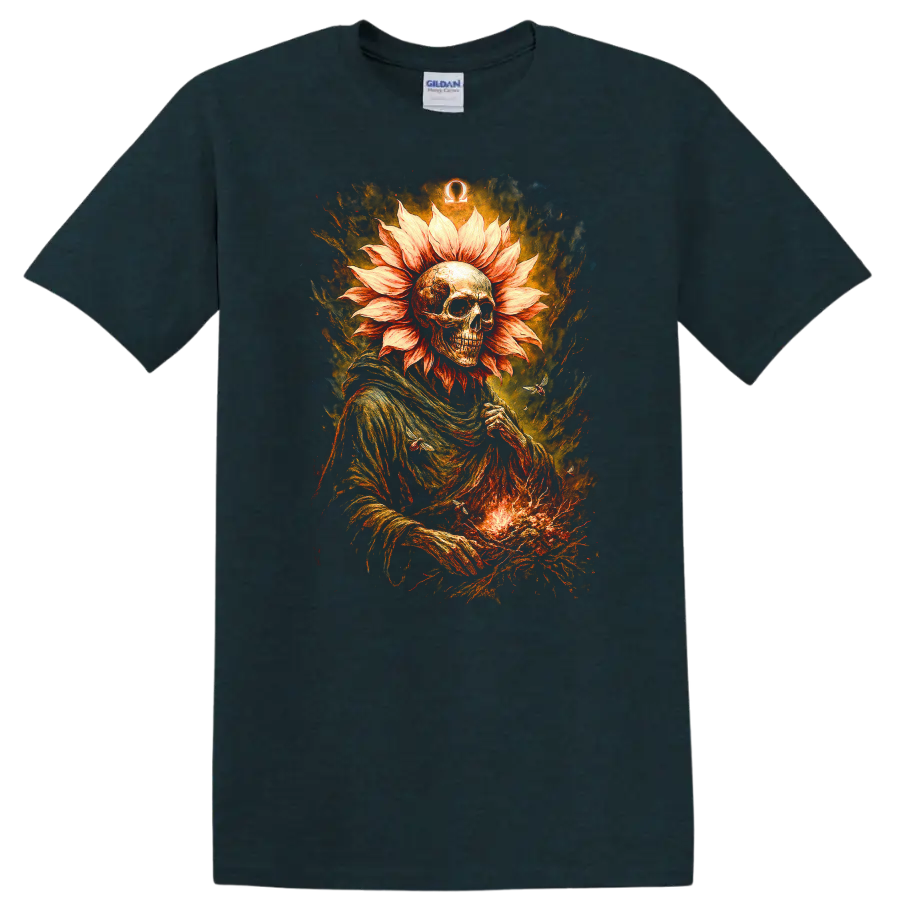 Gothic skeleton with flower-petal halo, fiery textures, and Omega symbol on a Midnight (Green) T Shirt