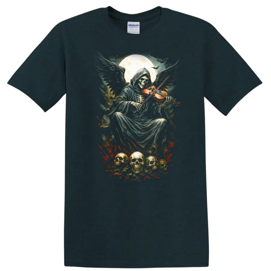 Vintage gothic Grim Reaper playing violin beneath moon with skulls and fiery accents on a Midnight (Green) T Shirt