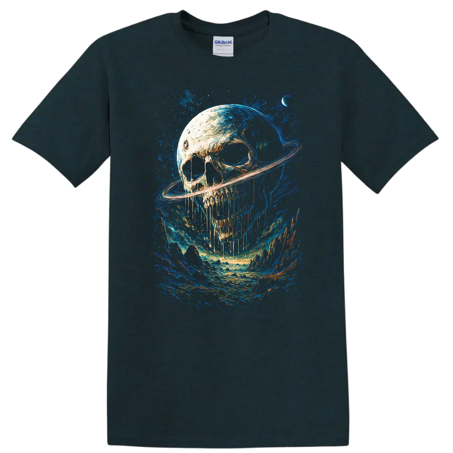 Gothic skull with Saturn-like ring in a vivid blue cosmic landscape on a Midnight (Green) T Shirt