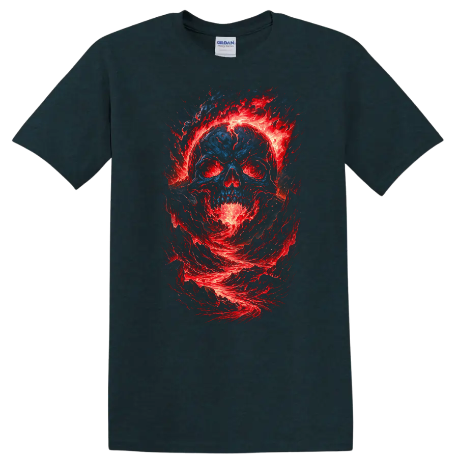 Distressed blue skull surrounded by swirling red flames in gothic horror art on a Midnight (Green) T Shirt
