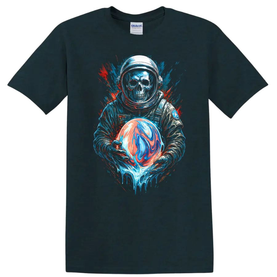 Gothic skull astronaut holding a swirling orb in neon space splatter art on a Midnight (Green) T Shirt