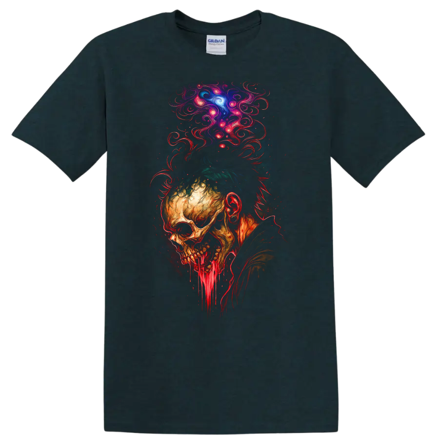 Decaying skull with dripping jaw and psychedelic cosmic smoke in gothic horror art on a Midnight (Green) T Shirt