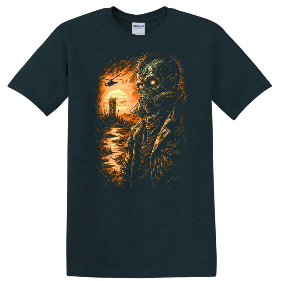 Distressed gothic gas mask skull survivor with fiery sunset and ruined landscape on a Midnight (Green) T Shirt