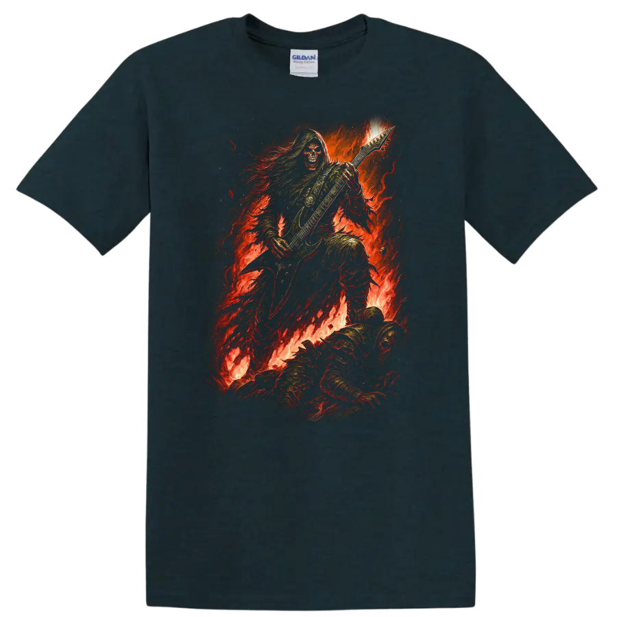 Hooded skeleton guitarist in flames, distressed vintage gothic rock artwork on a Midnight (Green) T Shirt
