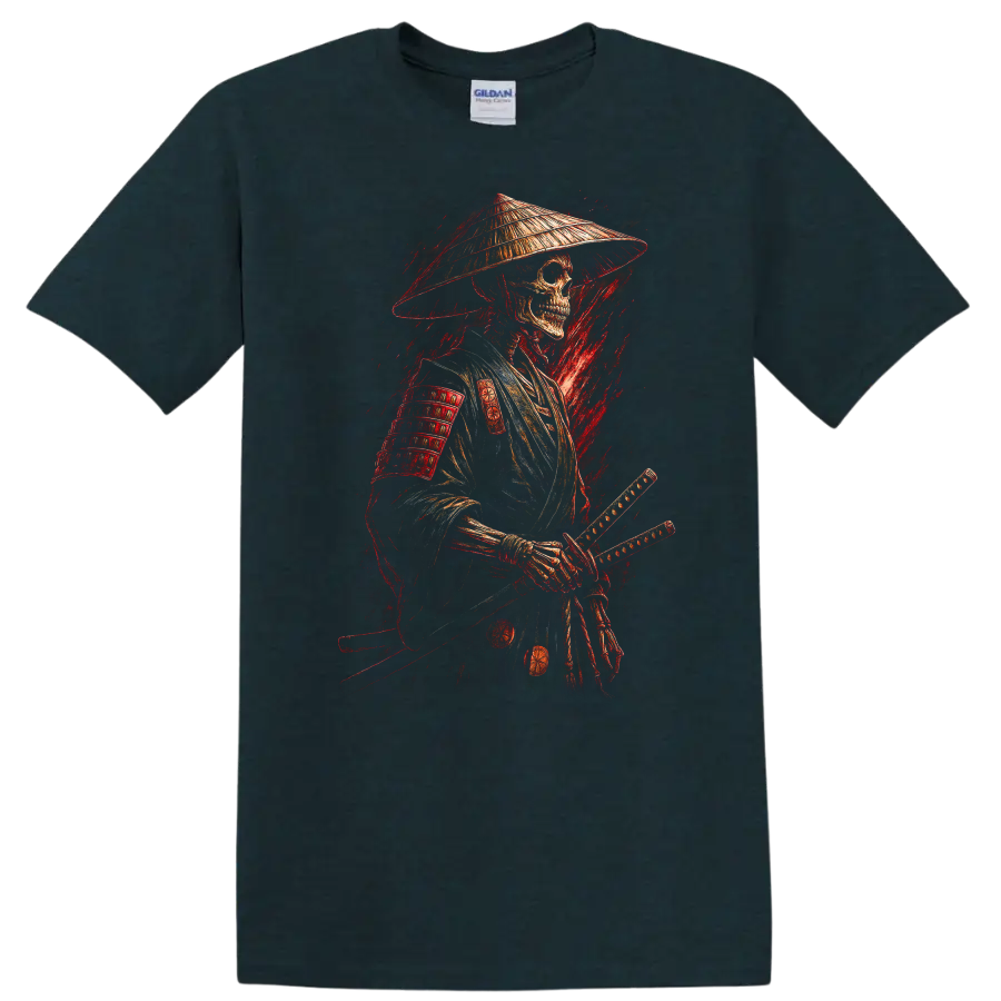 Vintage gothic samurai skeleton warrior in armor with conical hat and swords on a Midnight (Green) T Shirt