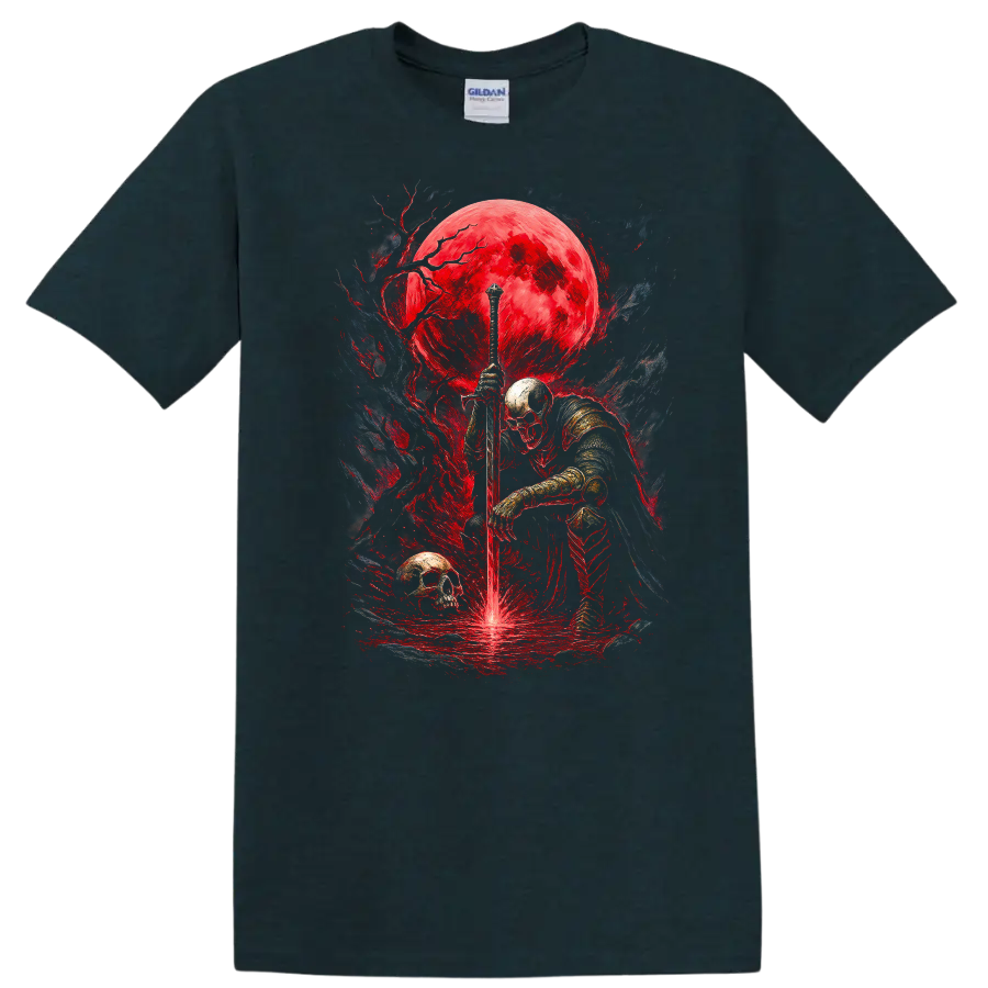 Armored skeletal knight with sword, skulls, and crimson moon in gothic fantasy art on a Midnight (Green) T Shirt