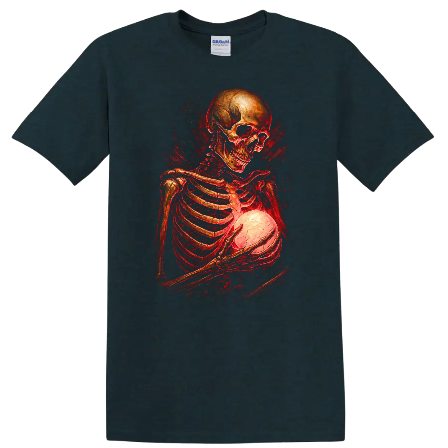 Gothic skeleton holding a glowing cracked orb in red vintage horror art on a Midnight (Green) T Shirt