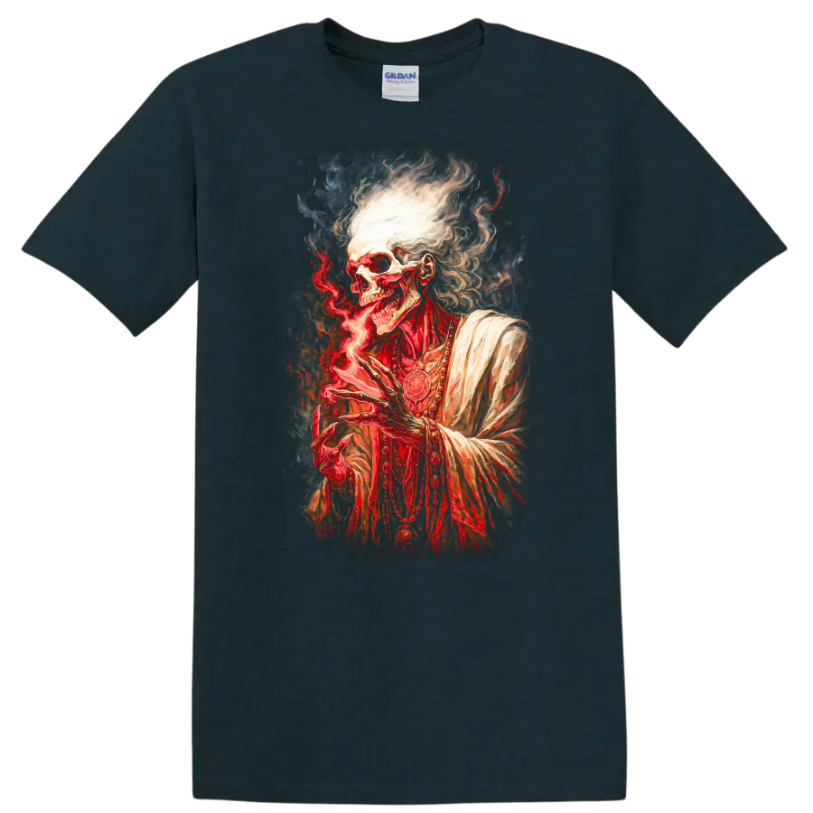 Gothic robed skeleton conjuring red flame in a detailed dark fantasy illustration on a Midnight (Green) T Shirt