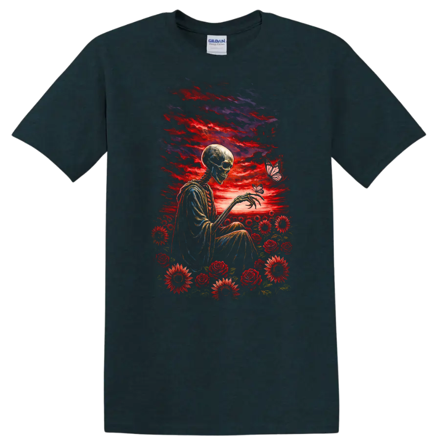 Vintage-style skeleton with red roses, flowers, butterflies, and a dramatic sky on a Midnight (Green) T Shirt