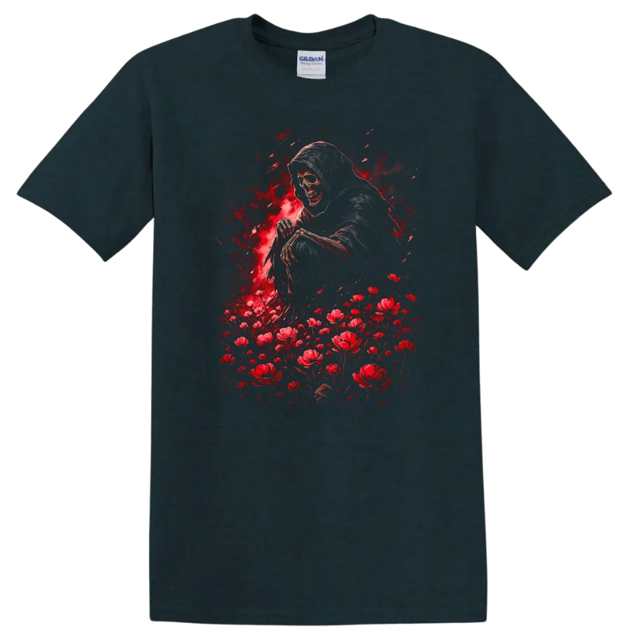 Hooded grim reaper skull with red flowers in distressed gothic illustration on a Midnight (Green) T Shirt
