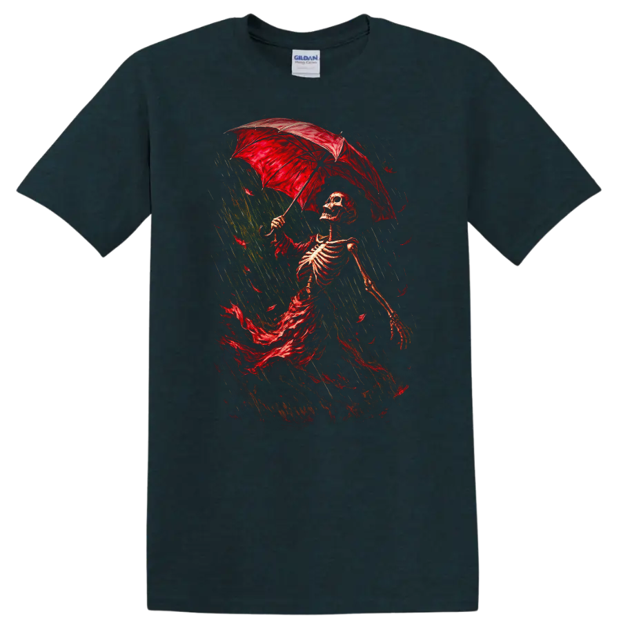 Vintage Gothic skeleton walking in rain beneath a red umbrella on a Midnight (Green) T Shirt