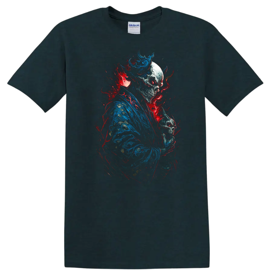 Crowned skeleton in blue robes holding a skull amid red and blue gothic splatter on a Midnight (Green) T Shirt