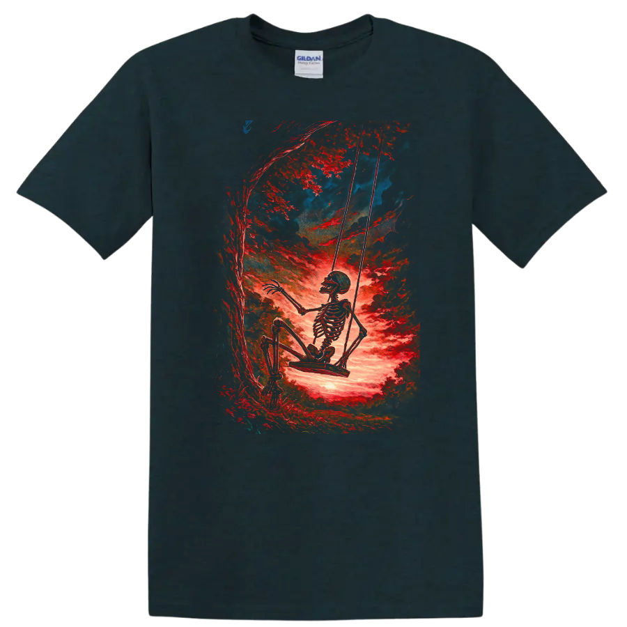 Vintage skeleton swinging beneath red trees in surreal gothic forest art on a Midnight (Green) T Shirt