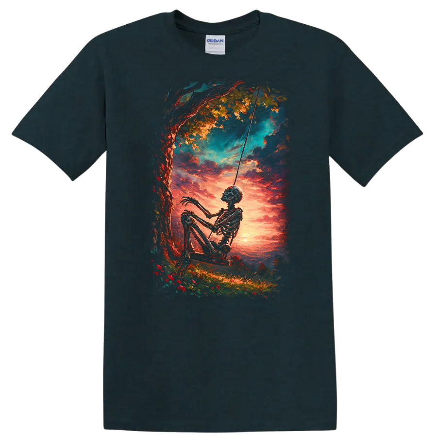 Vintage gothic skeleton on a swing beneath a tree at a vivid sunset on a Midnight (Green) T Shirt