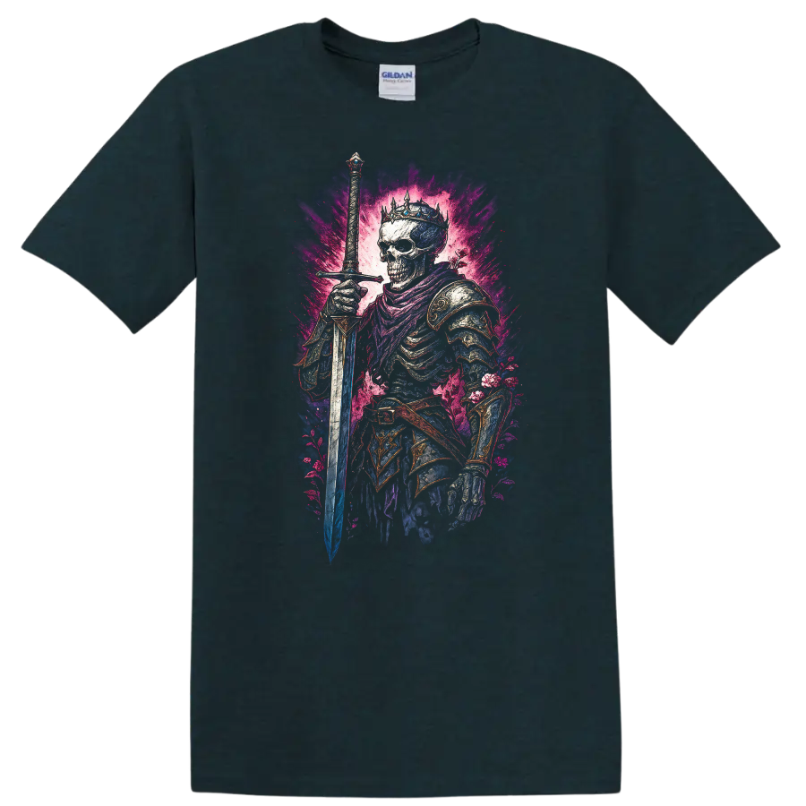 Crowned skeleton warrior with sword, ornate armor, and vivid floral gothic artwork on a Midnight (Green) T Shirt