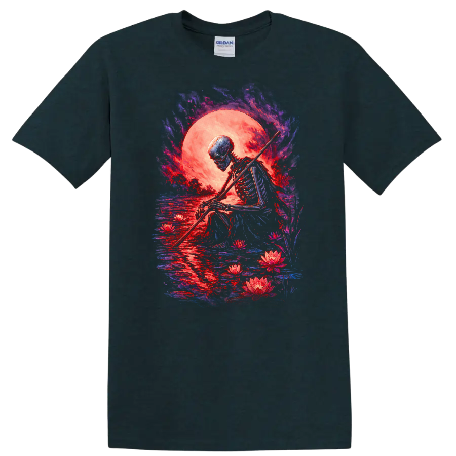 Moonlit skeleton with staff, lotus flowers, reflective water, and gothic full moon art on a Midnight (Green) T Shirt