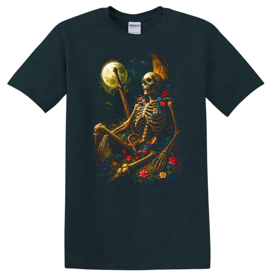 Moonlit floral skeleton holding a sword in a gothic flower-filled night scene on a Midnight (Green) T Shirt