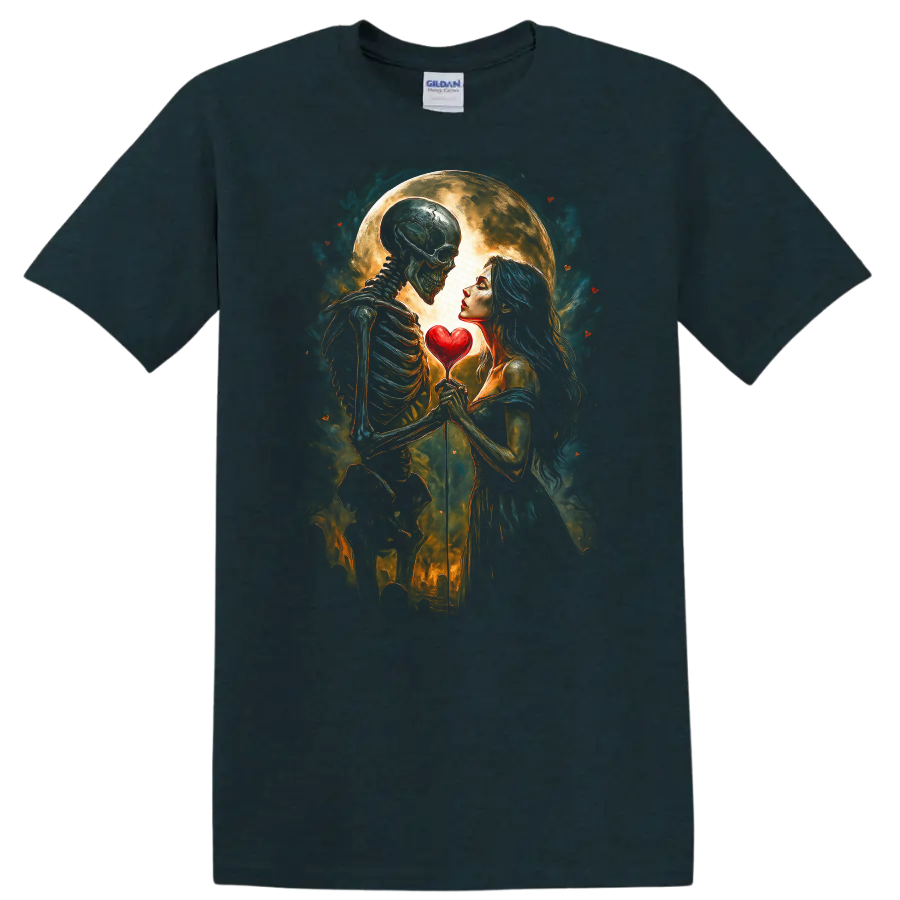 Romantic skeleton and woman holding a heart beneath a full moon in gothic art on a Midnight (Green) T Shirt