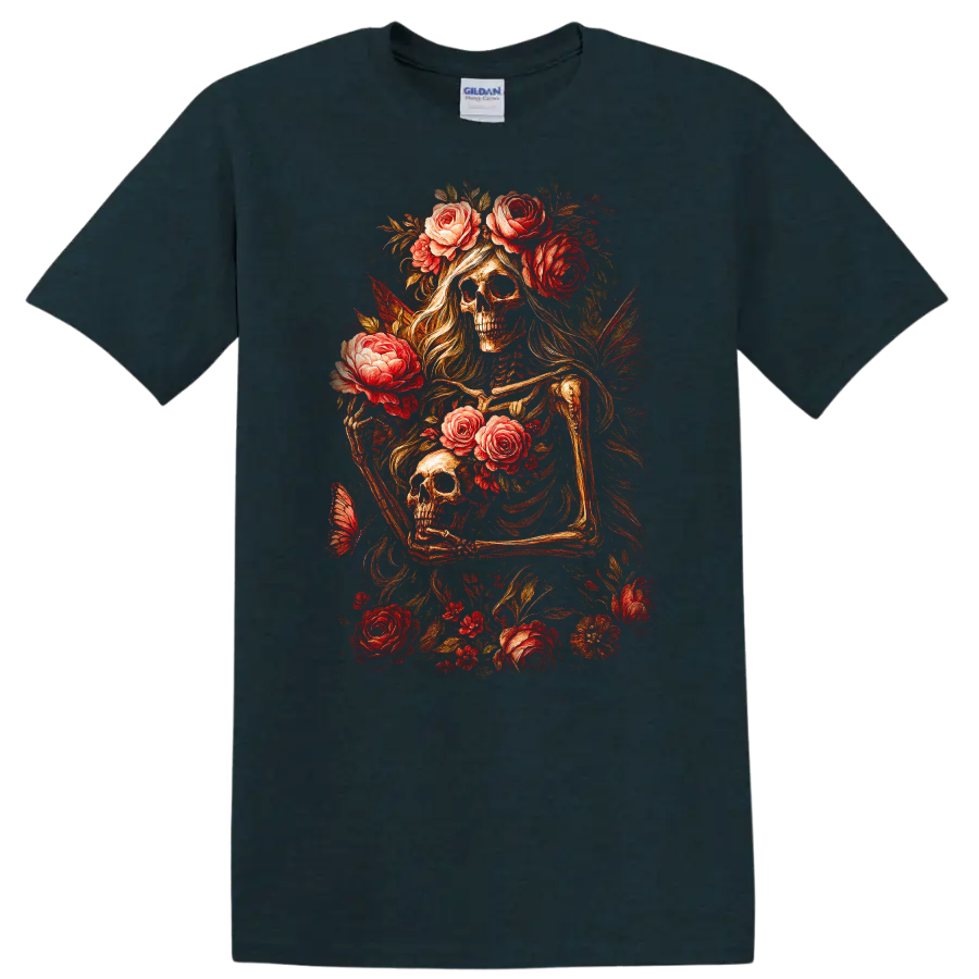 Vintage gothic skeletal figures and skulls surrounded by red roses and foliage on a Midnight (Green) T Shirt