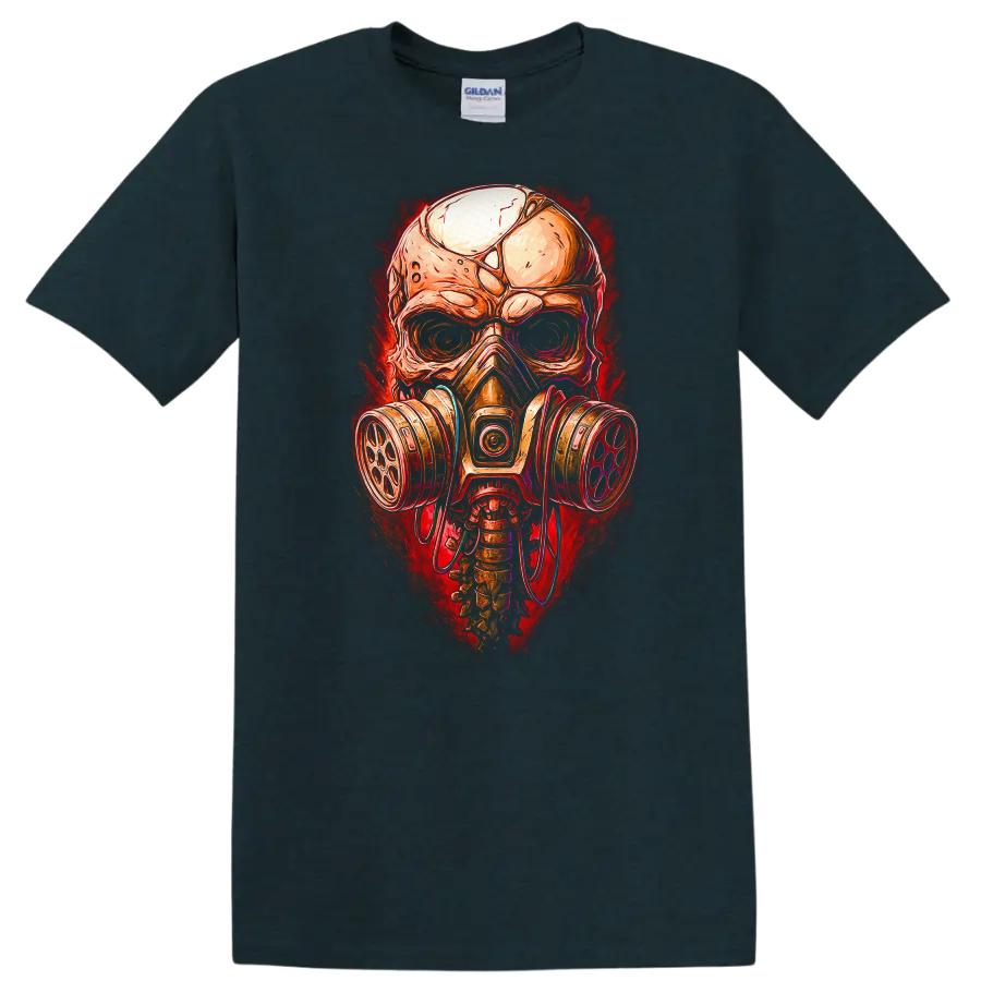 Gothic illustrated skull wearing a gas mask with distressed red horror-art backdrop on a Midnight (Green) T Shirt