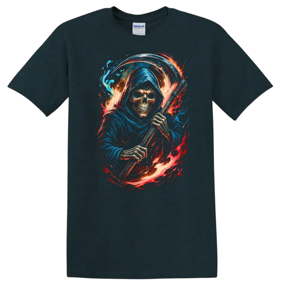 Hooded Grim Reaper skeleton with scythe, swirling flames, and blue gothic artwork on a Midnight (Green) T Shirt