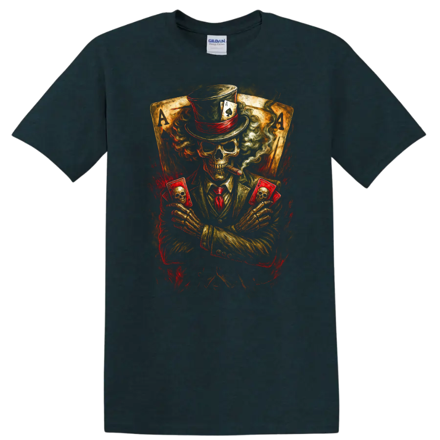 Vintage gothic skeleton poker player in top hat holding skull cards before ace cards on a Midnight (Green) T Shirt