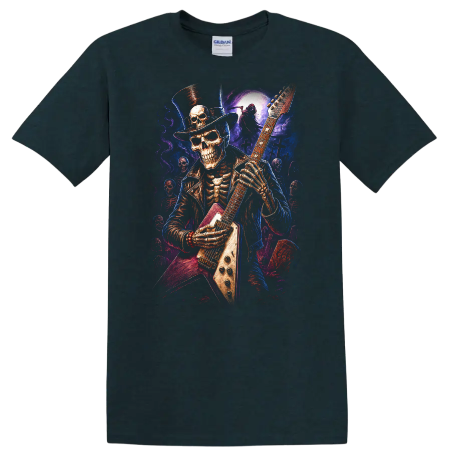 Top-hatted skeleton guitarist in vivid gothic moonlit graveyard art on a Midnight (Green) T Shirt