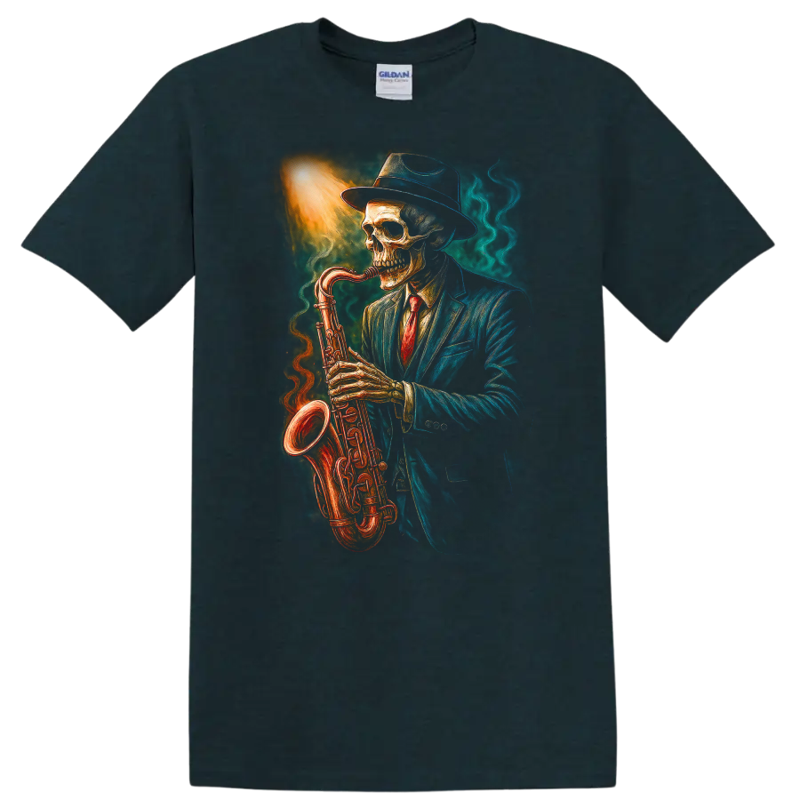 Vintage gothic skeleton in a suit and hat playing a glowing saxophone on a Midnight (Green) T Shirt
