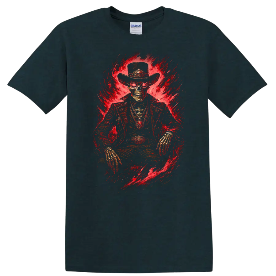 Skeleton cowboy in a wide-brim hat with fiery red gothic horror artwork on a Midnight (Green) T Shirt