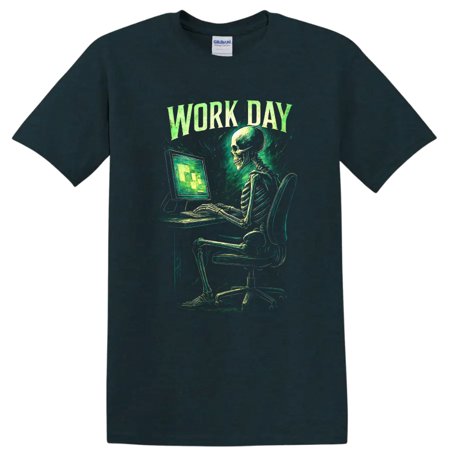 Work Day skeleton at computer in distressed vintage gothic green graphic on a Midnight (Green) T Shirt