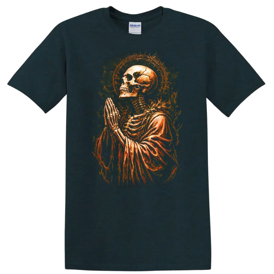 Praying skeleton skull with fiery halo in vintage gothic dark-art style on a Midnight (Green) T Shirt