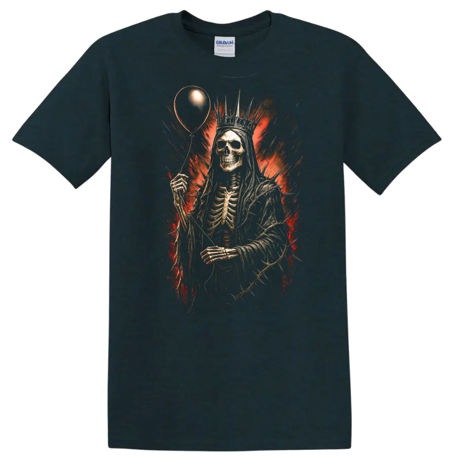 Crowned skeleton holding a balloon in distressed red and black gothic horror art on a Midnight (Green) T Shirt
