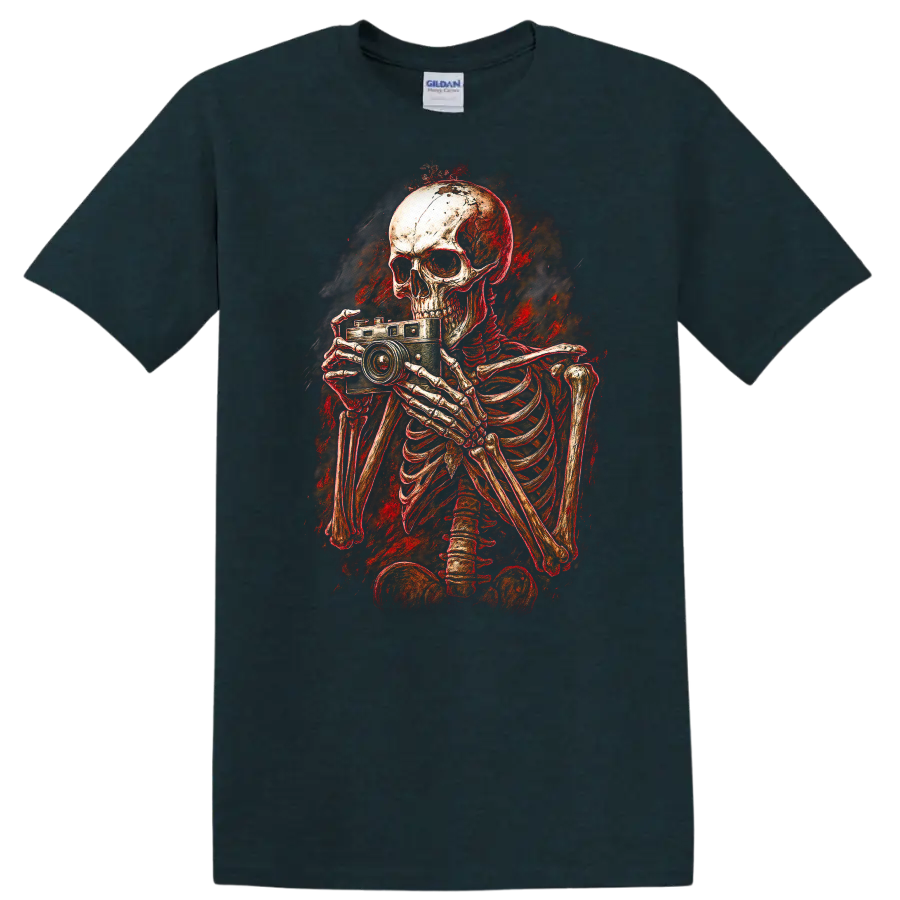 Distressed gothic skeleton photographer holding a vintage camera horror art graphic on a Midnight (Green) T Shirt