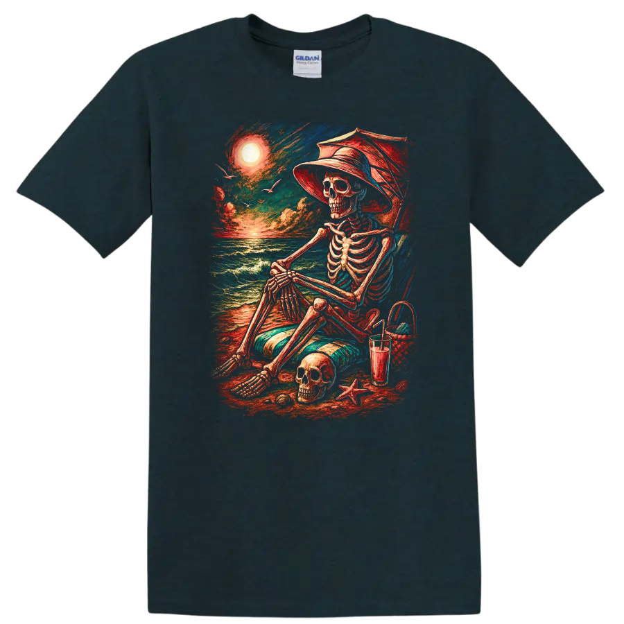 Vintage-style skeleton in beach chair with skull, ocean waves, hat, and sunset on a Midnight (Green) T Shirt