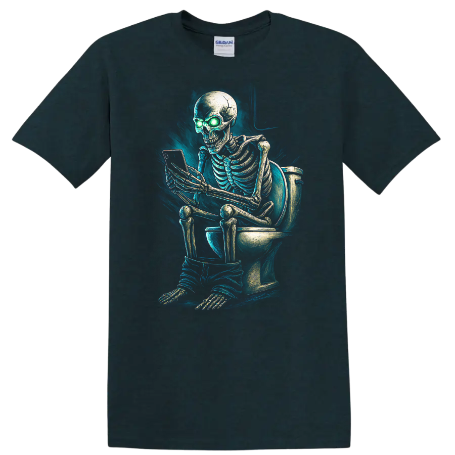 Vintage gothic skeleton on toilet using phone with glowing green eyes on a Midnight (Green) T Shirt