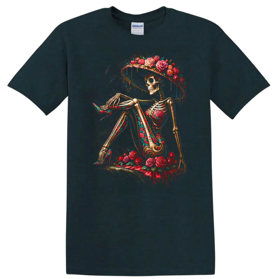 Vintage gothic skeleton in a wide-brim hat surrounded by red roses on a Midnight (Green) T Shirt