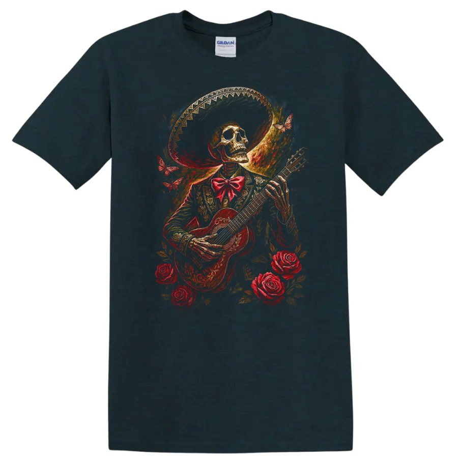 Vintage gothic skeleton guitarist with roses, butterflies, and ornate wide-brimmed hat on a Midnight (Green) T Shirt