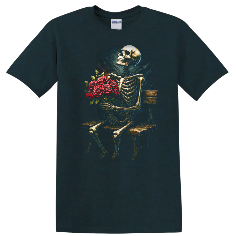 Vintage gothic skeleton holding a bouquet of red roses while seated on a wooden bench on a Midnight (Green) T Shirt