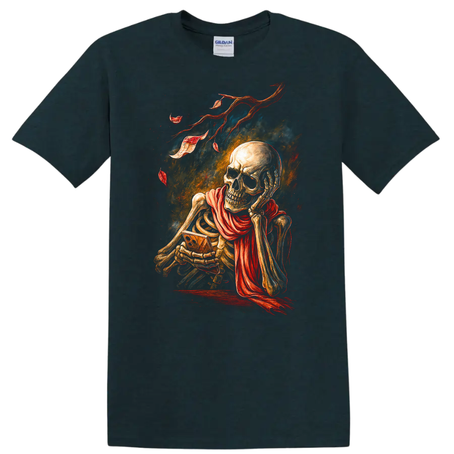 Vintage gothic skeleton skull illustration with flowing red scarf and distressed ribbons on a Midnight (Green) T Shirt