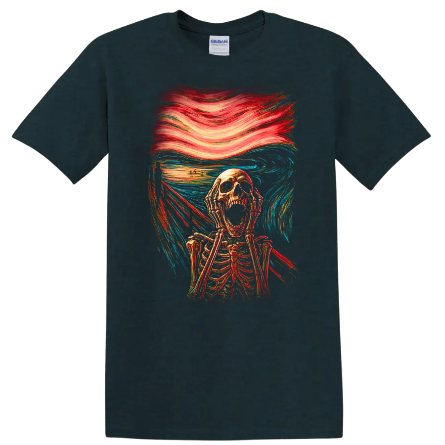 Screaming skeleton in vintage gothic horror art with swirling red and blue brushwork on a Midnight (Green) T Shirt