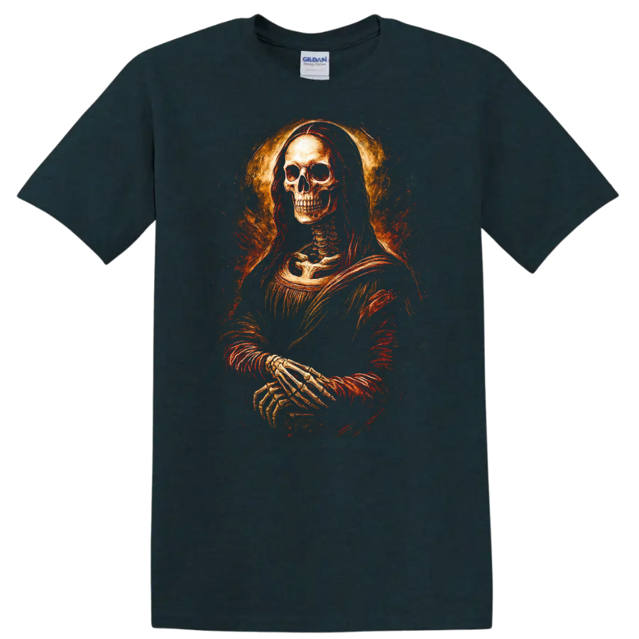 Vintage gothic skeleton portrait with crossed hands and fiery distressed halo on a Midnight (Green) T Shirt