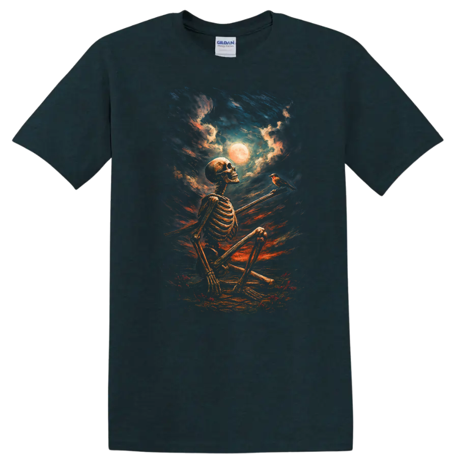 Vintage gothic painting of seated skeleton, bird, full moon, and dramatic night sky on a Midnight (Green) T Shirt