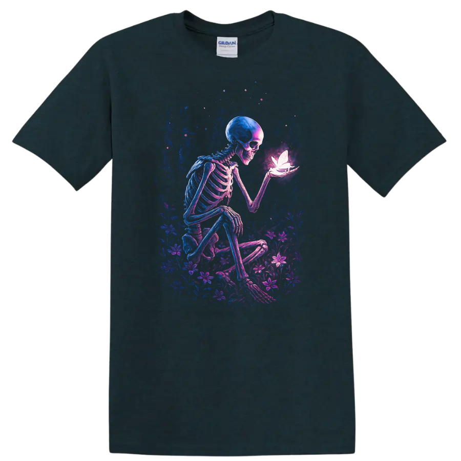 Gothic skeleton holding a glowing butterfly amid neon wildflowers on a Midnight (Green) T Shirt