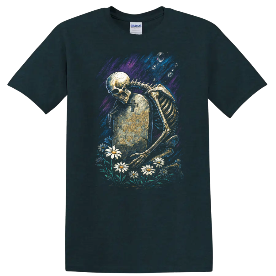 Skeleton mourning beside a cross tombstone and daisies in vintage gothic artwork on a Midnight (Green) T Shirt