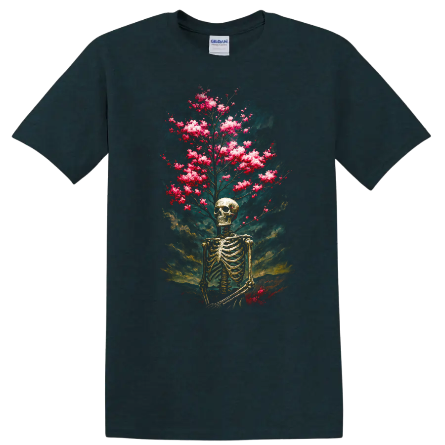 Vintage gothic skeleton skull with pink blooming branches and smoky teal backdrop on a Midnight (Green) T Shirt