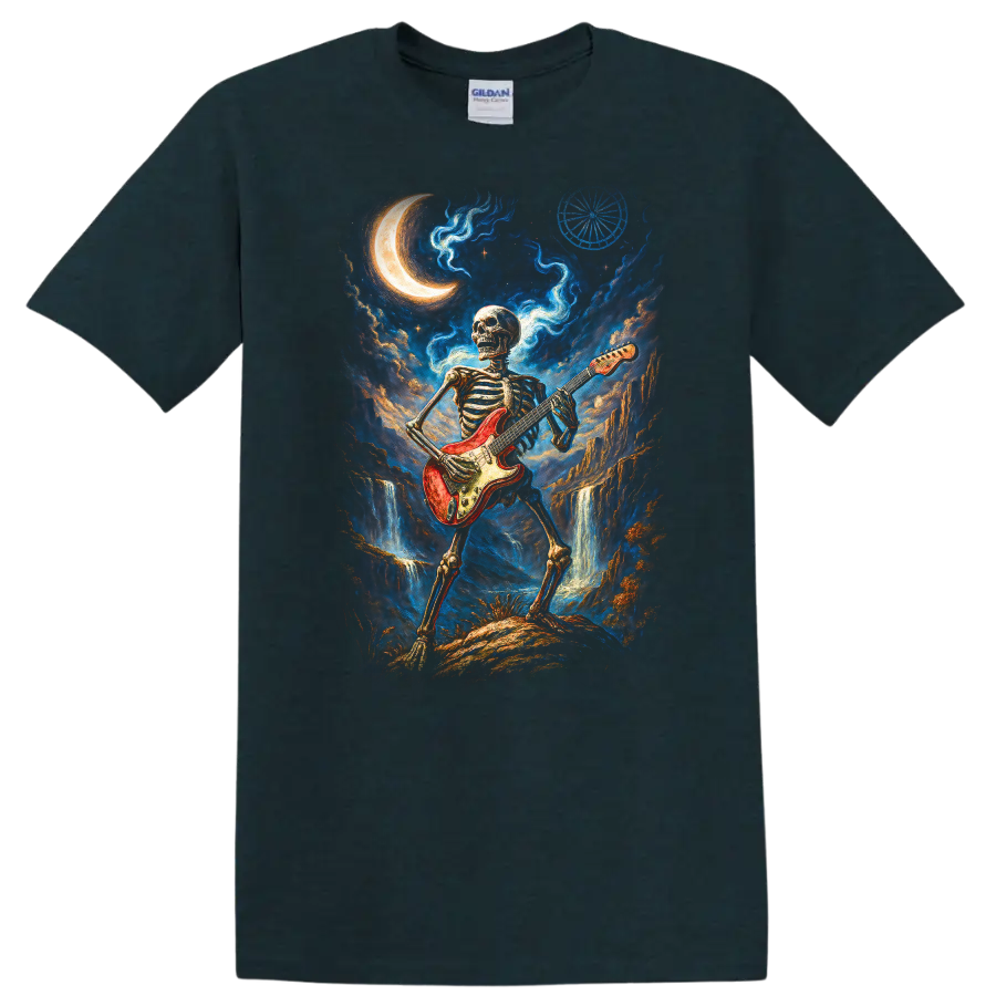 Skeleton guitarist with red electric guitar in moonlit gothic fantasy art on a Midnight (Green) T Shirt