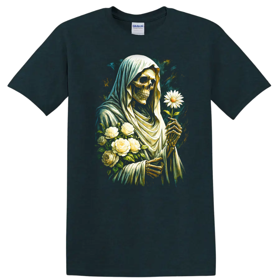 Vintage gothic hooded skeleton holding a white daisy with roses on a Midnight (Green) T Shirt