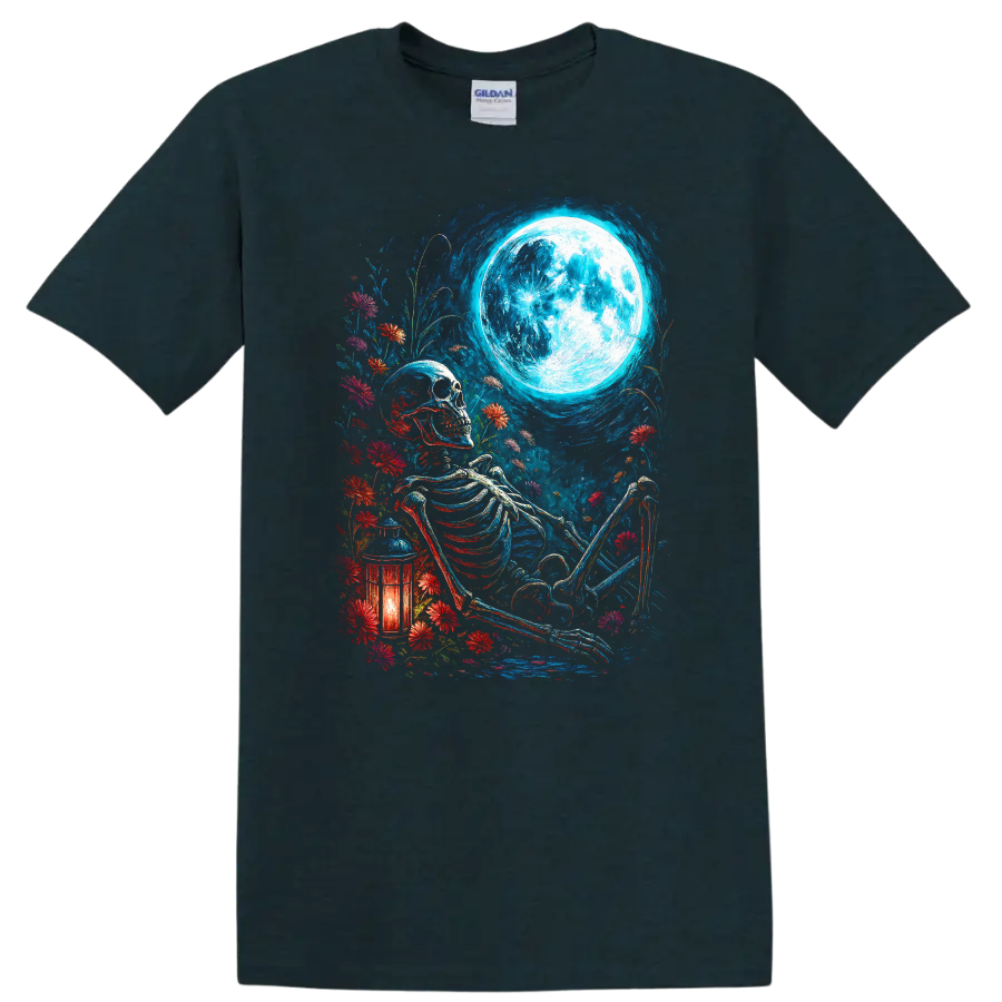 Vintage gothic skeleton resting among wildflowers beneath a full moon with lantern on a Midnight (Green) T Shirt