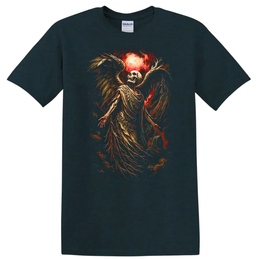 Vintage winged skeleton skull beneath a glowing moon in distressed gothic art on a Midnight (Green) T Shirt